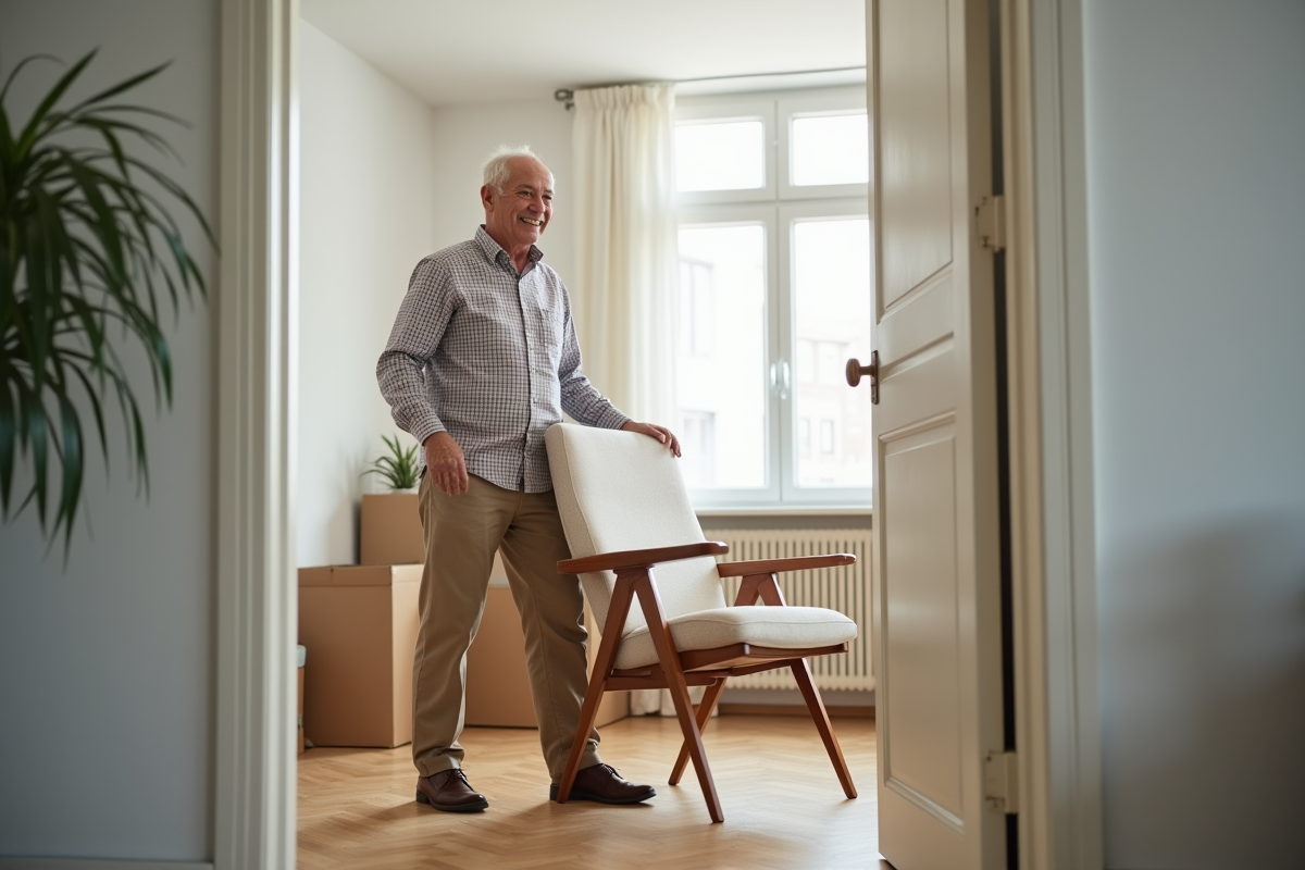 Homme âgé soulevant un fauteuil dans un intérieur lumineux
