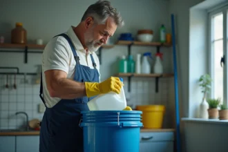 Homme en overalls verse une solution de nettoyage concentrée
