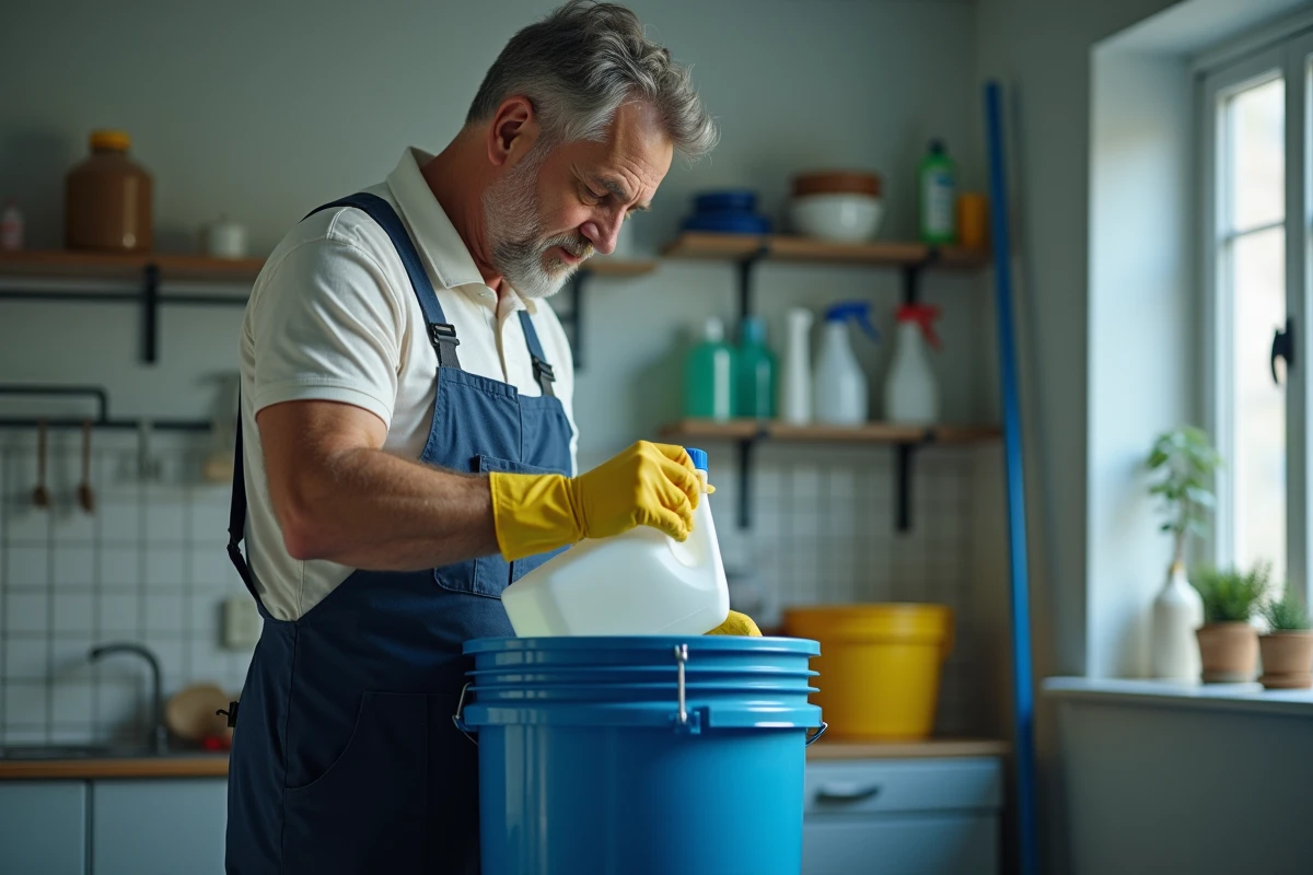 Homme en overalls verse une solution de nettoyage concentrée