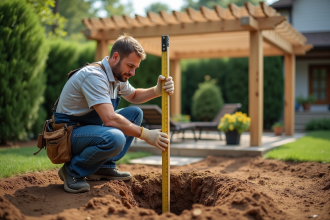 Homme en vêtements de travail mesurant une pergola en jardin