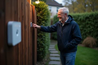 Homme d'âge moyen souriant utilisant une commande sans fil dans son jardin