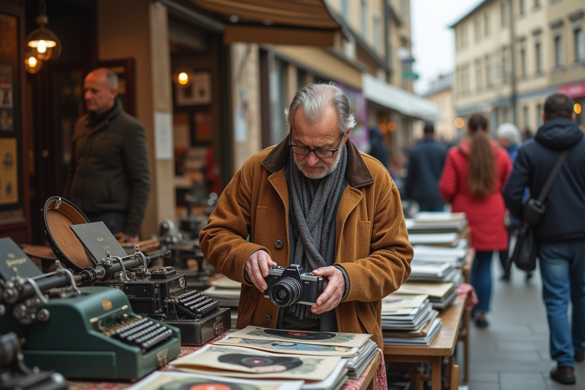 Homme vintage examinant un appareil photo au marché aux puces