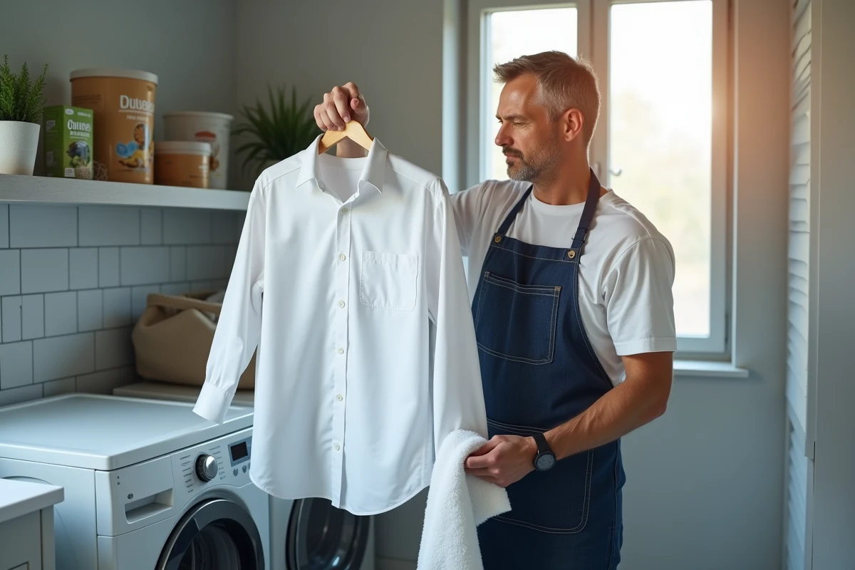 Homme inspectant un linge blanc grisâtre devant un lave-linge dans une buanderie domestique