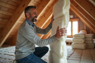 Homme souriant inspectant l'isolation dans le grenier
