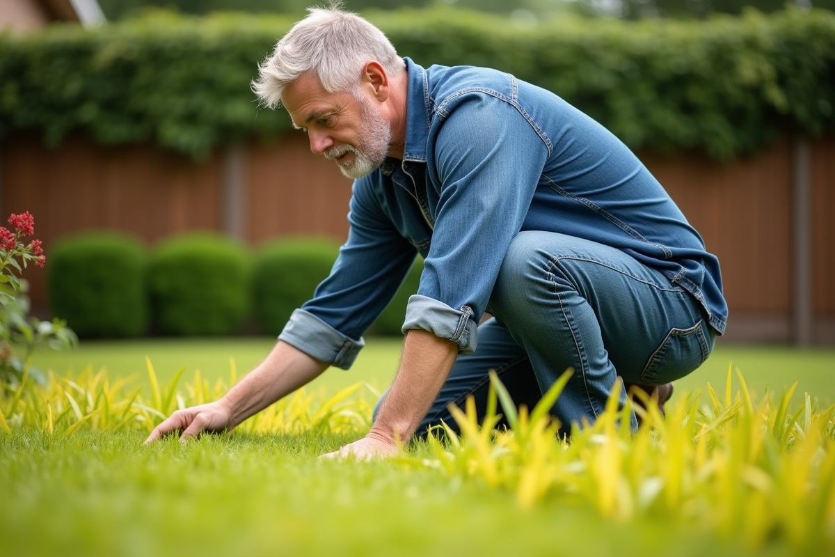 Homme d'âge moyen inspectant sa pelouse jaunie dans le jardin