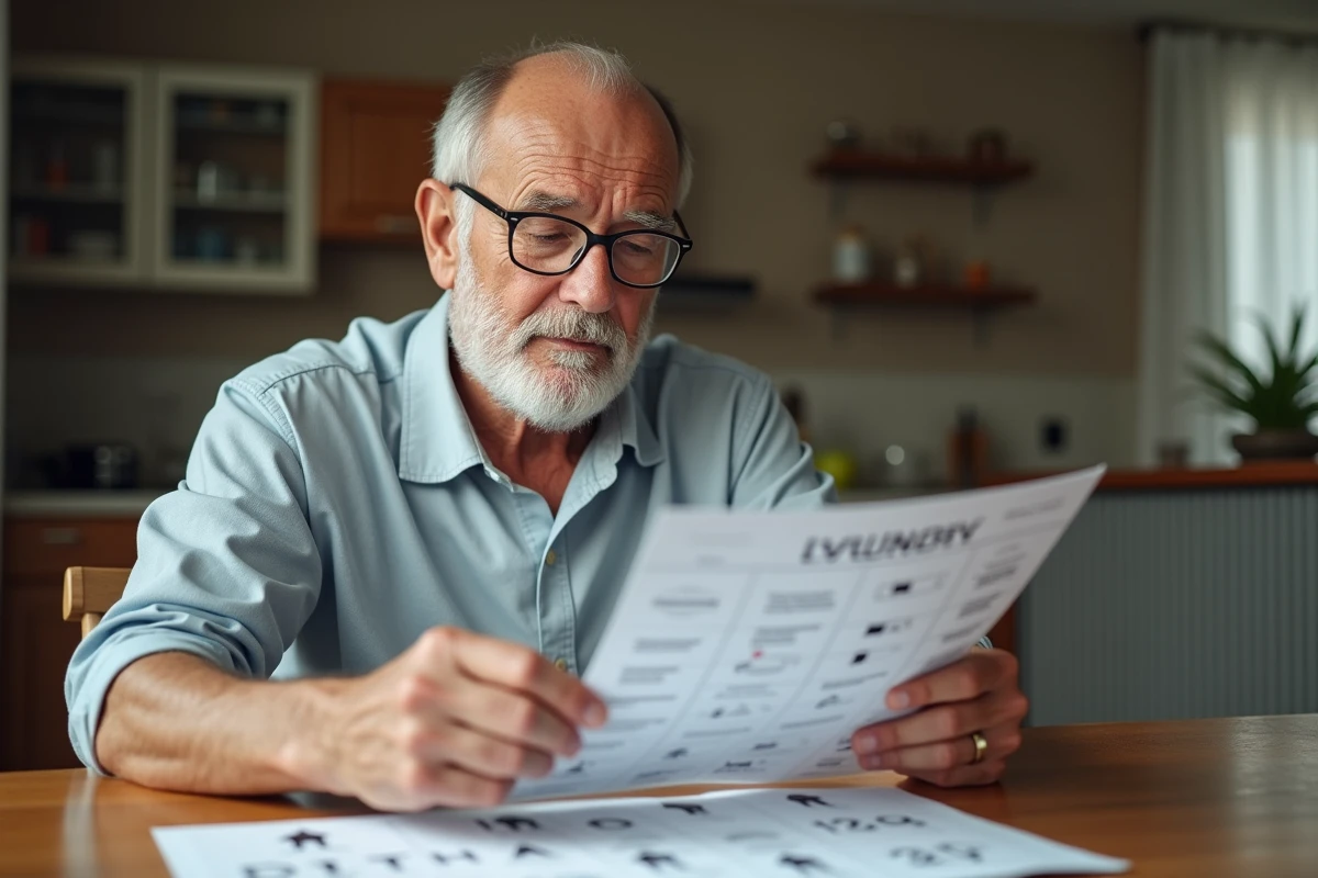 Homme âgé comparant un tableau de symboles de lavage dans la cuisine