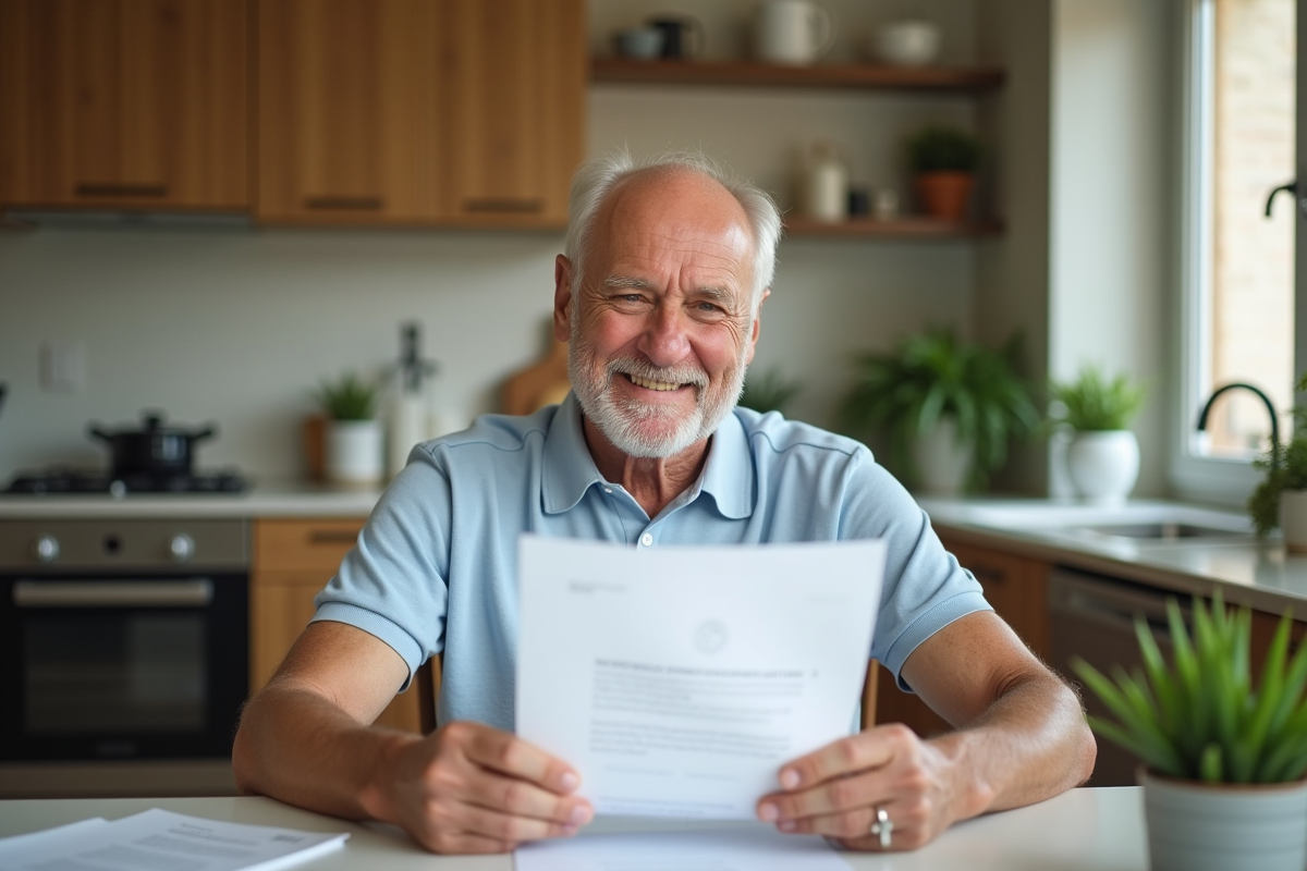Homme senior lisant un document dans la cuisine