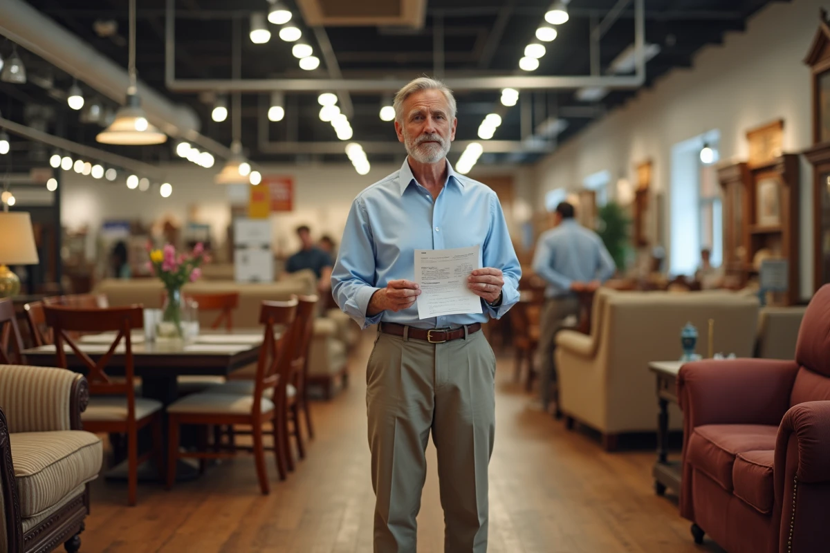 Homme regardant une facture de meubles dans un magasin