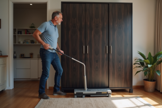 Homme utilisant un glisseur pour déplacer un meuble en bois foncé