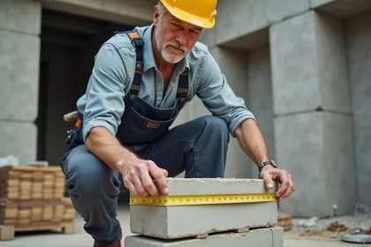 Homme en tenue de chantier mesurant un bloc de béton