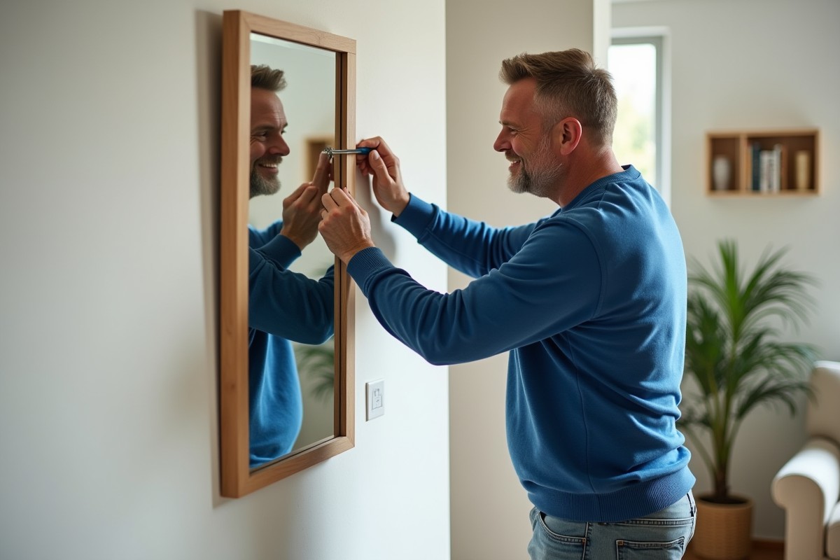 Homme fixant un grand miroir sur un mur en plâtre dans un salon lumineux