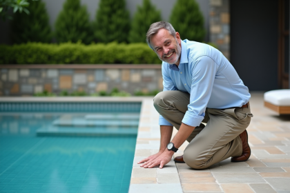 Homme souriant inspectant la surface de la piscine