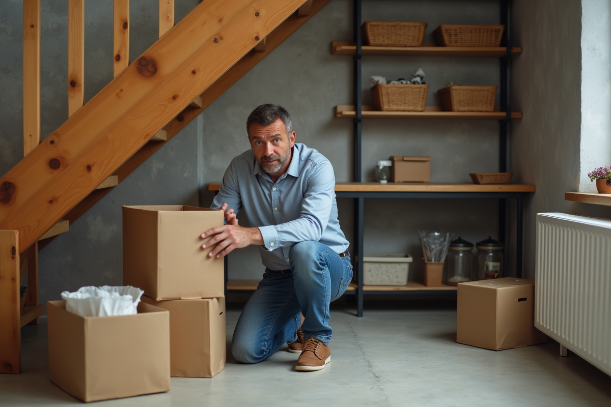 Homme organisant des boîtes de rangement sous l