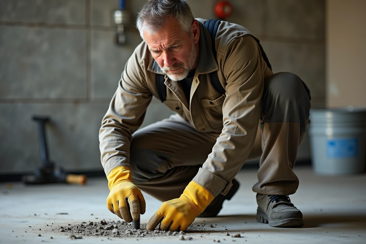 Homme en vêtements de travail retire une barre de métal du sol en béton