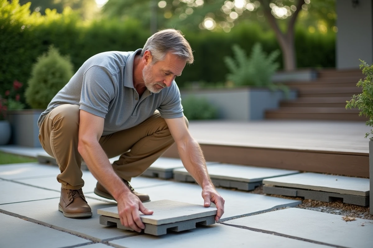Homme vérifiant livraison de carrelage sur son patio extérieur