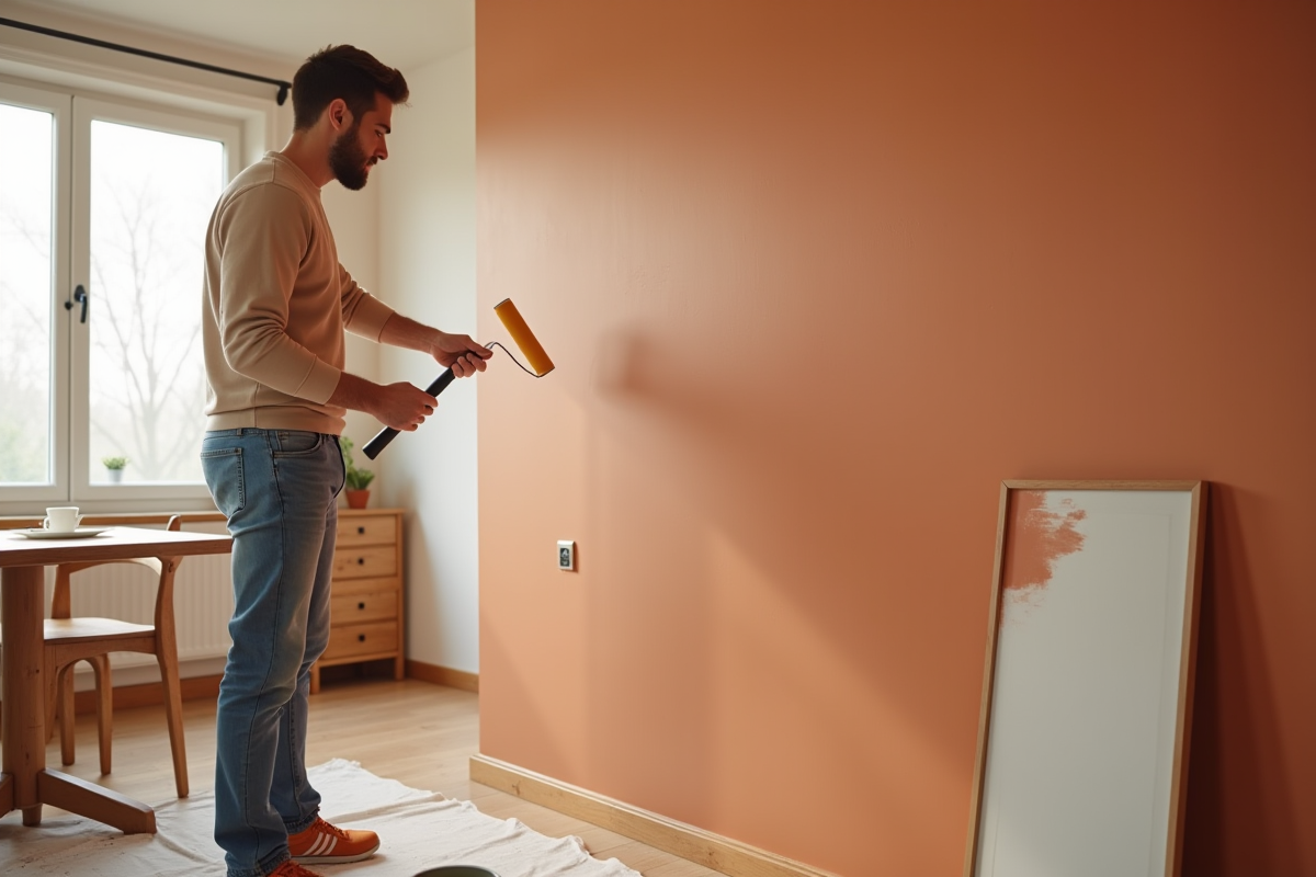 Jeune homme peignant un mur en terracotta dans une salle à manger