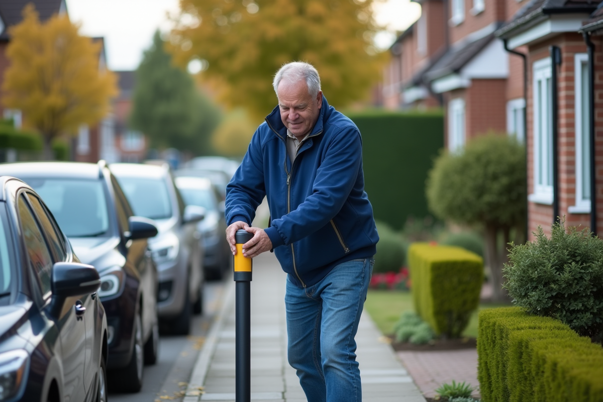 Homme posant un potelet de parking devant sa maison