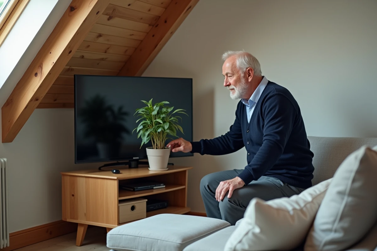 Homme âgé ajustant une plante sur un meuble TV d