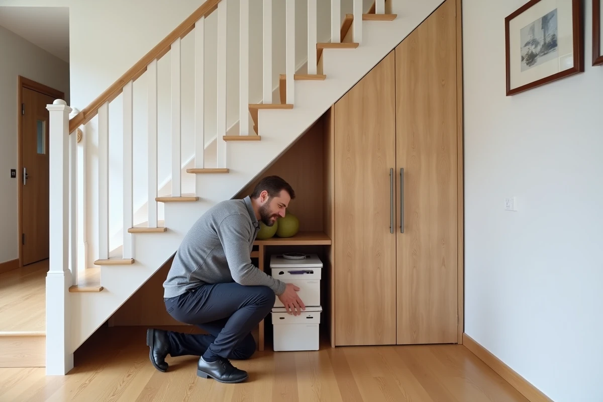 Homme plaçant des boîtes de rangement sous un escalier