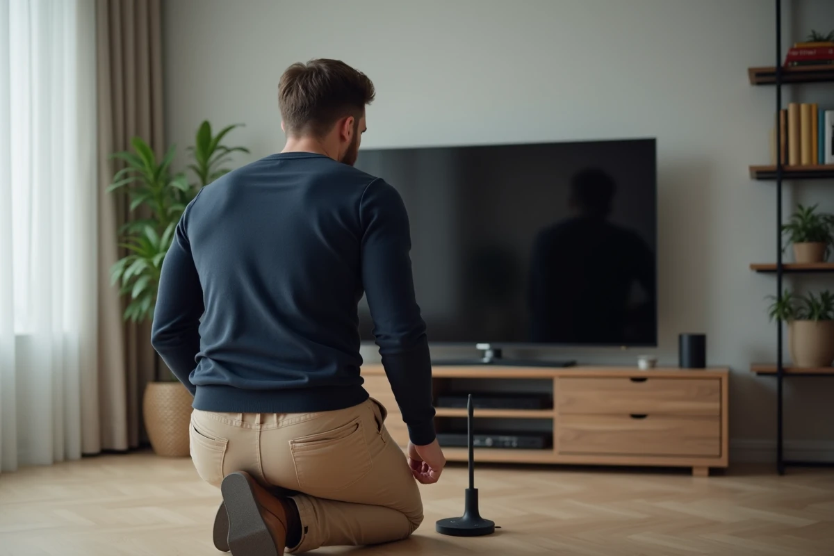 Homme ajustant une antenne TV dans un salon moderne