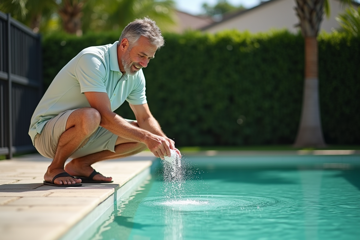 Homme en polo et shorts versant du sel dans une piscine extérieure