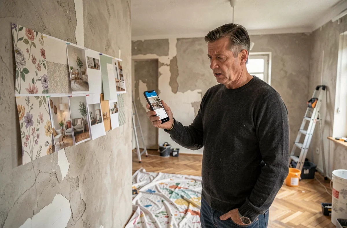 Homme comparant une application de décoration à des échantillons de papier peint dans un salon en cours de rénovation