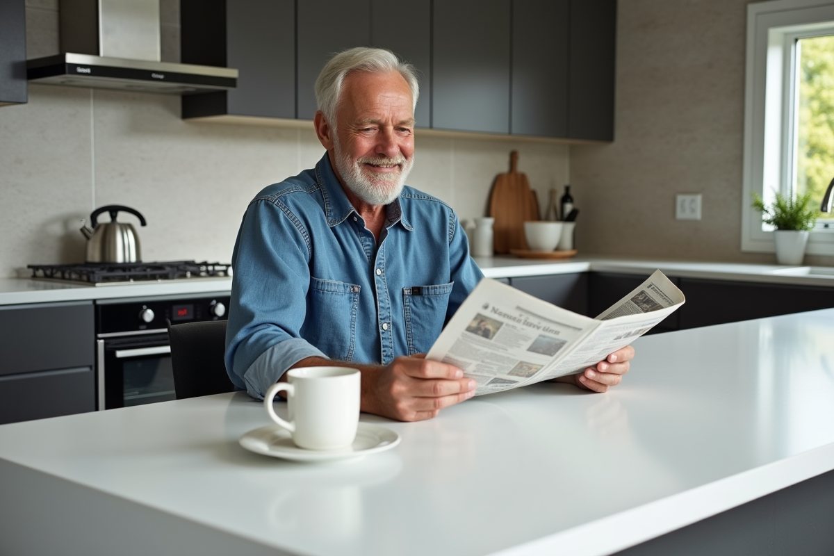 Homme lisant au bord d’un plan de travail en quartz Silestone
