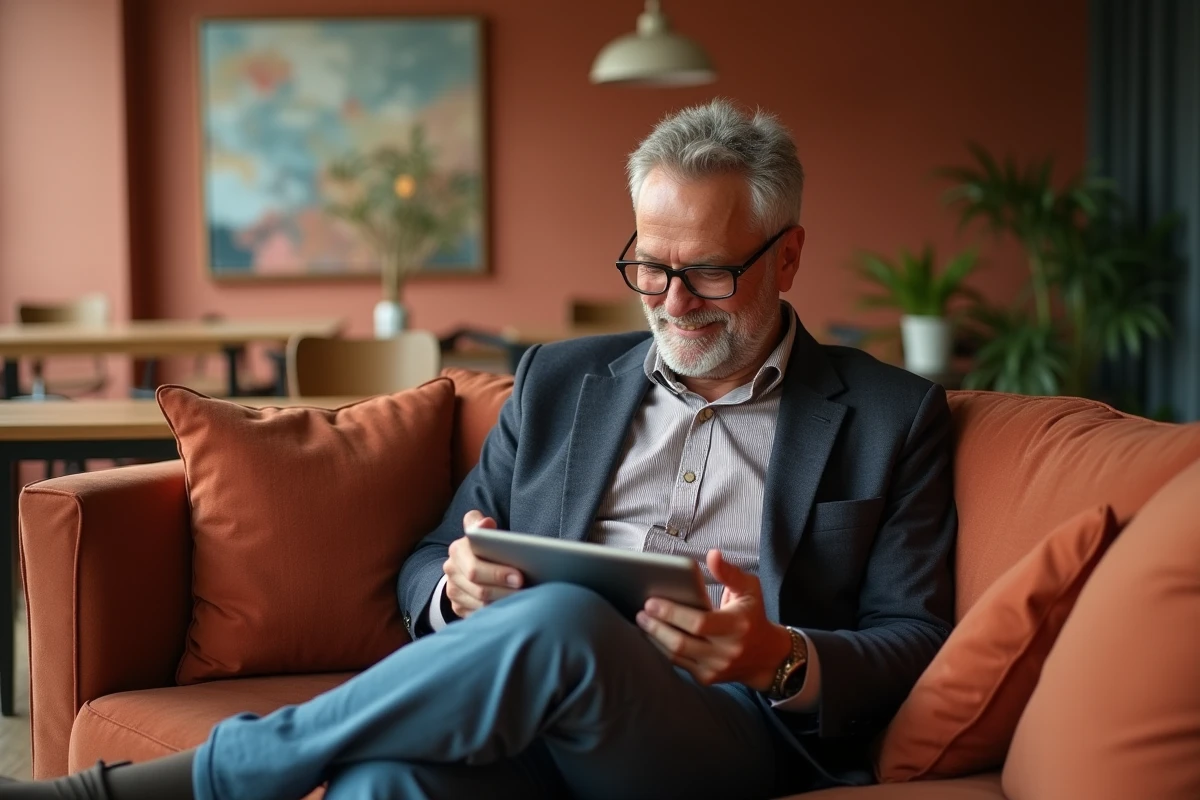 Homme souriant sur un canapé en regardant une tablette dans un intérieur chaleureux