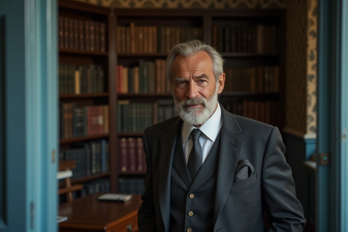 Homme âgé dans un salon avec bibliothèque et porte bleue
