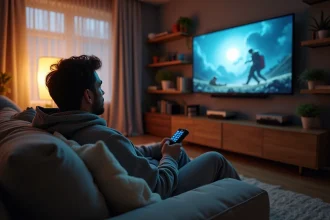 Homme détendu regardant un film dans un salon cosy