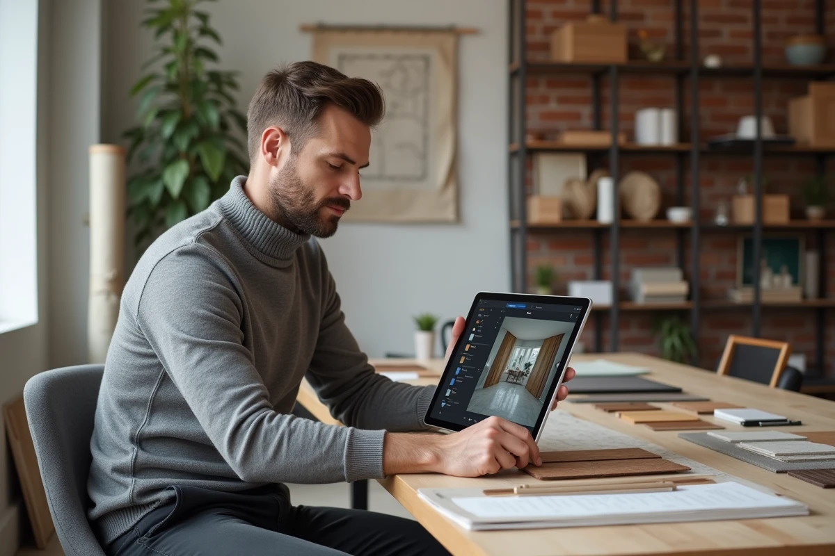 Homme utilisant un simulateur numérique de décoration intérieure pour harmoniser couleurs et matières à son bureau