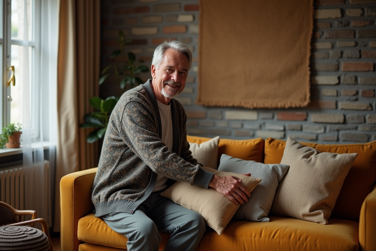 Homme âgé arrangeant des coussins sur un canapé dans un intérieur chaleureux