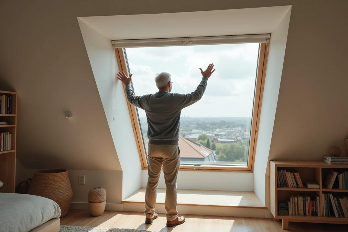 Homme regardant par une fenetre de grenier avec vue sur la ville