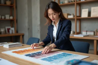Designer de marque arrangeant des nuanciers bleu cobalt et orange complémentaire sur un tableau de présentation dans un studio moderne