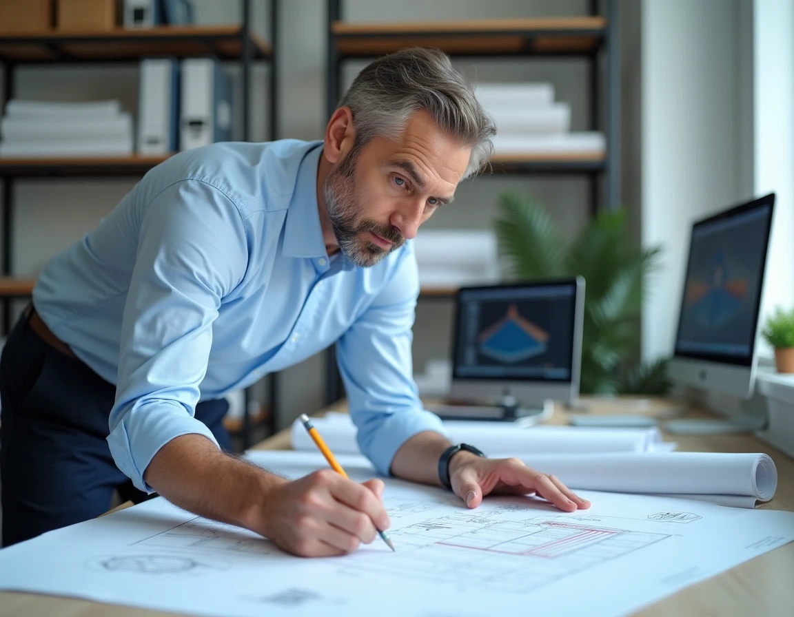 Ingénieur en bureau d'études annotant des plans de dimensionnement de poutrelles IPN sur une table à dessin technique