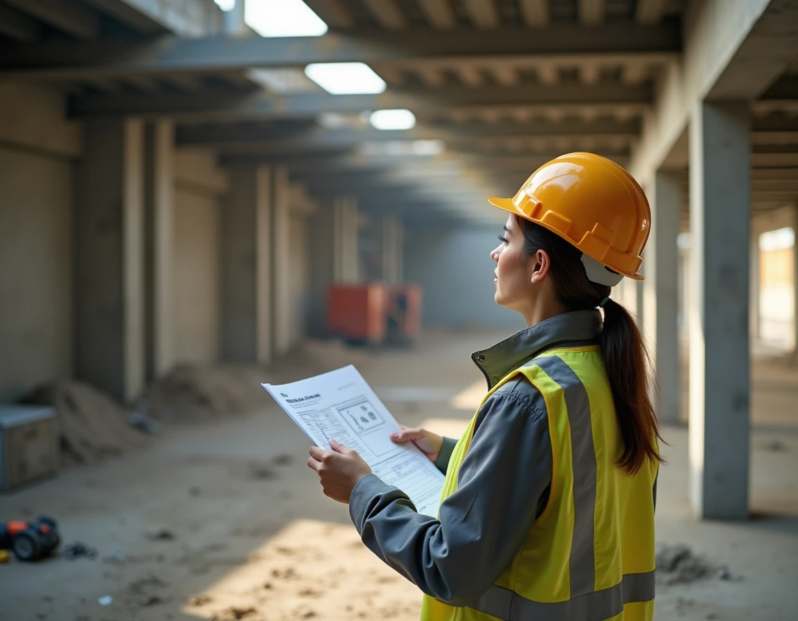 Ingénieure structure sur chantier vérifiant les dimensions de poutrelles IPN installées dans une ossature béton