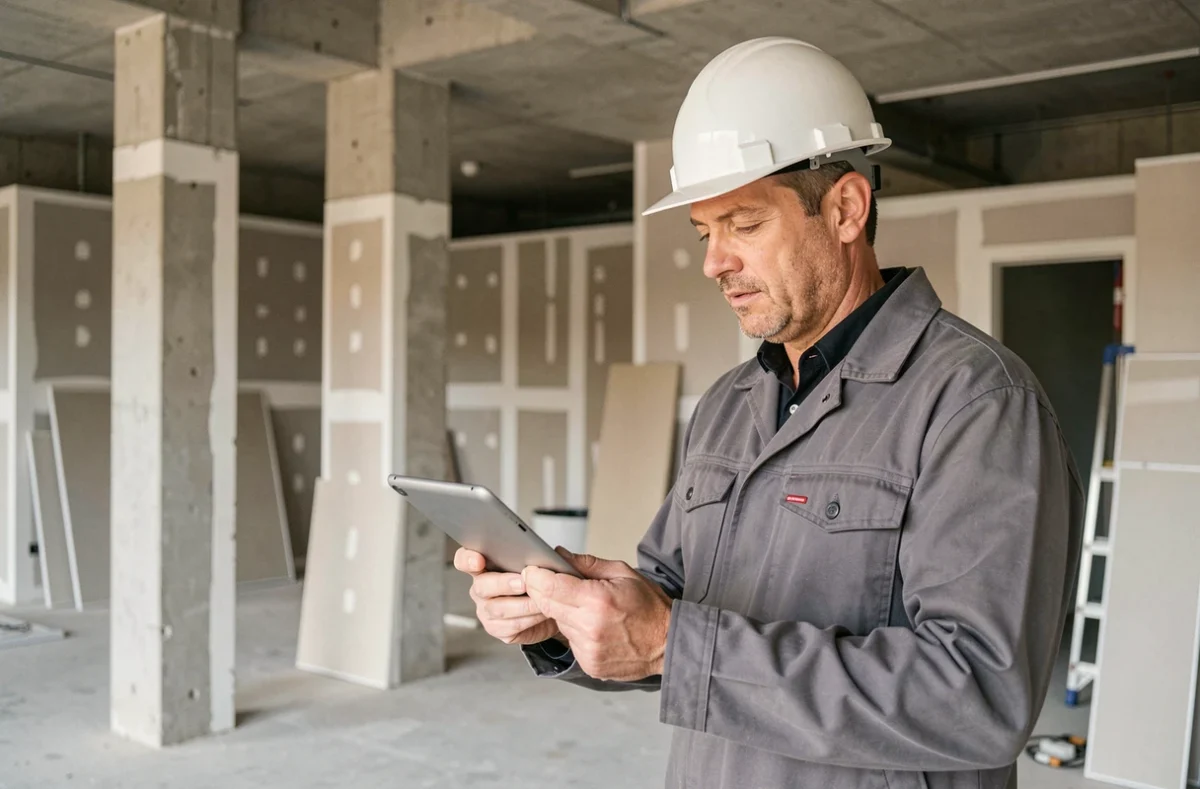Entrepreneur d'Innov-Bat consultant des plans de rénovation sur tablette dans un chantier moderne à Dieppe, Seine-Maritime