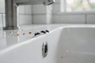 Petits insectes noirs près du siphon d'un évier de cuisine en céramique blanche