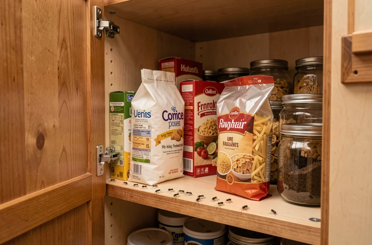 Insectes noirs dans un placard de cuisine sur des aliments secs non fermés