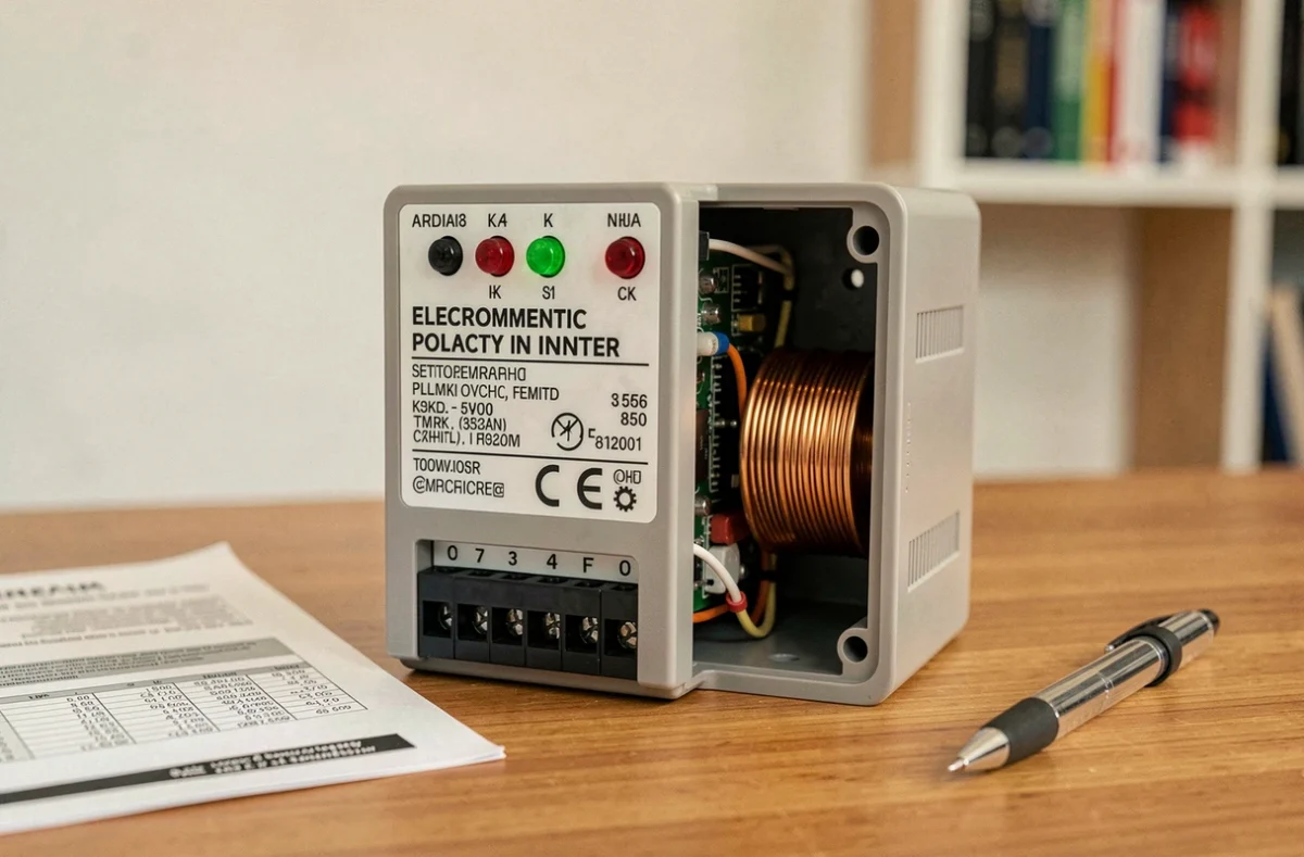 Gros plan sur les composants internes et l'étiquetage d'un inverseur de polarité électromagnétique lors d'un test produit