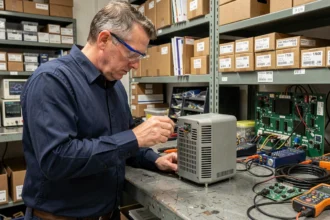 Ingénieur électricien examinant un inverseur de polarité électromagnétique sur un établi d'atelier professionnel