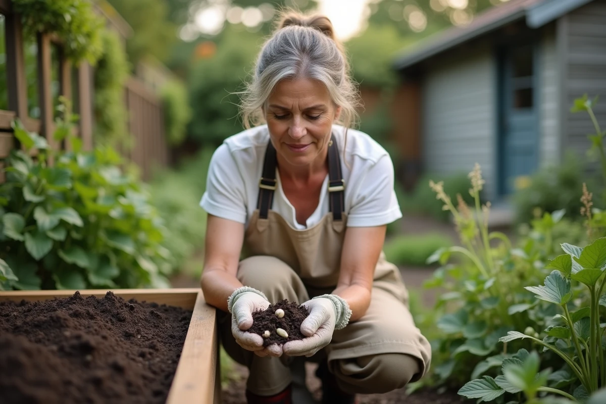 Femme jardinière inspectant des vers blancs dans du compost, méthode naturelle pour traiter les larves nuisibles au jardin