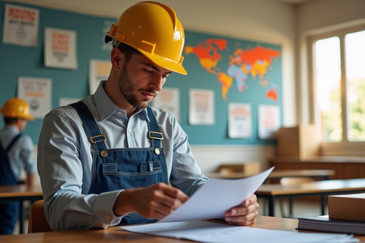 Jeune homme en formation avec manuel de déménagement dans une salle lumineuse