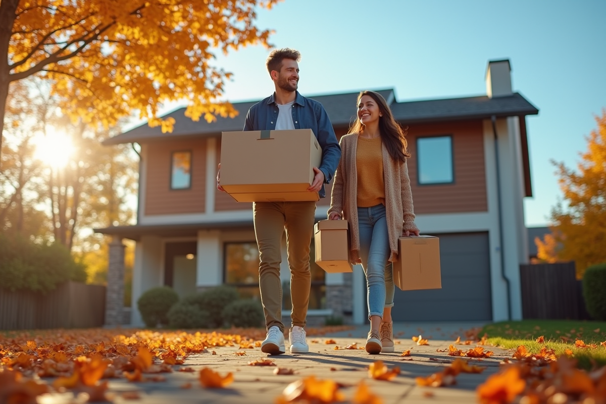 Jeune couple heureux portant des cartons dans une maison moderne en automne