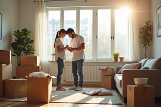 Jeune couple dans un salon lumineux en plein déménagement