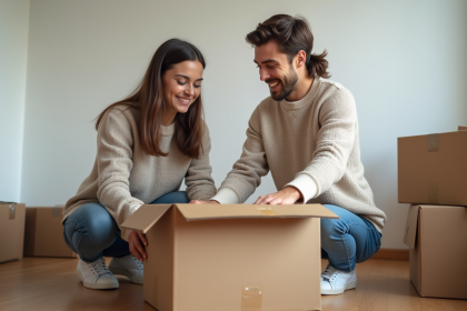 Jeune couple emballant des cartons dans un appartement