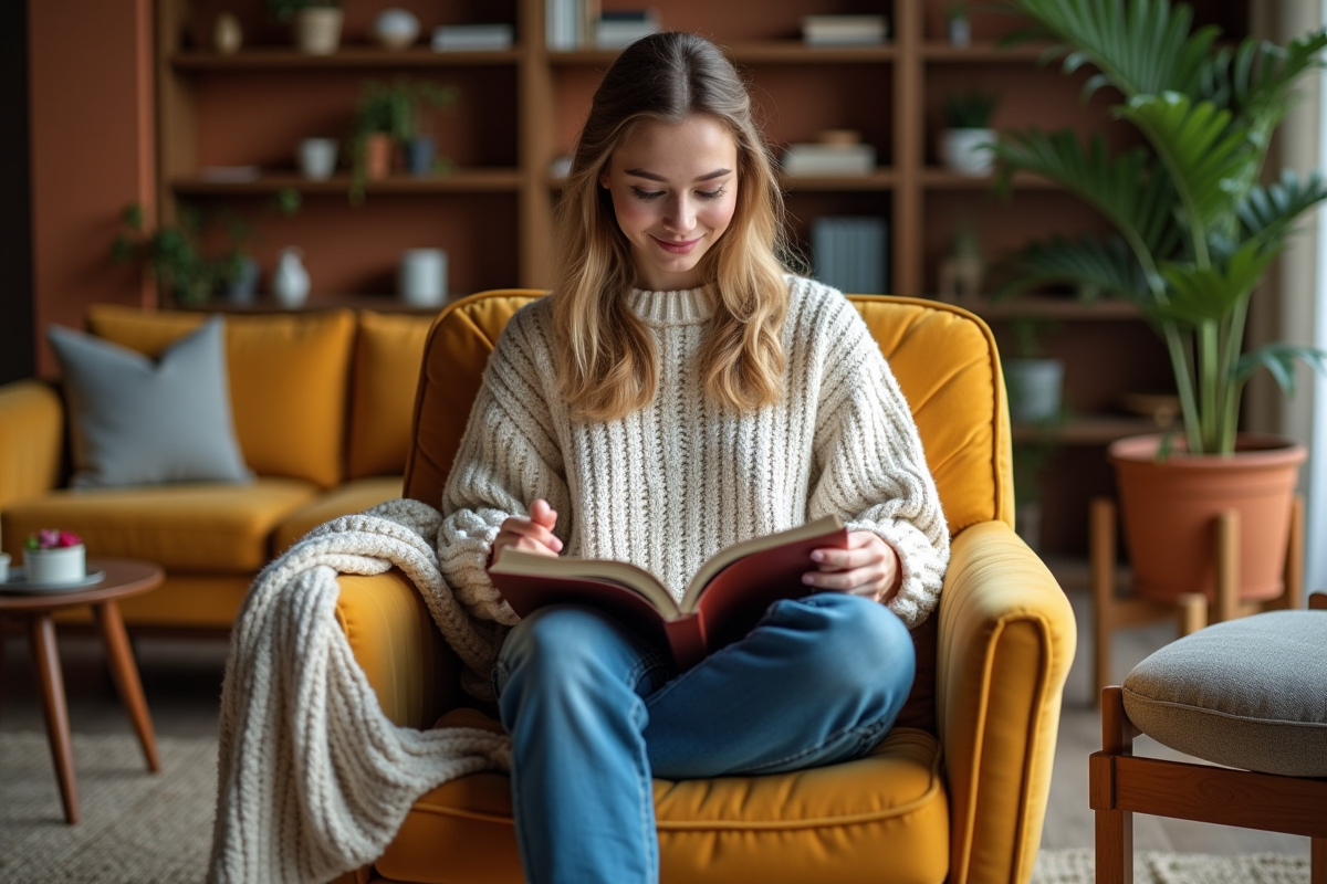Jeune femme en pull et jeans dans un salon cosy lisant un nuancier
