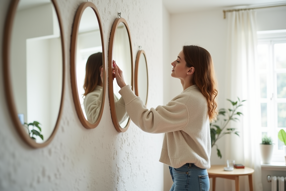 Jeune femme regarde plusieurs miroirs modernes dans un salon lumineux