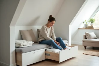 Jeune femme organisant des draps dans un rangement sous pente