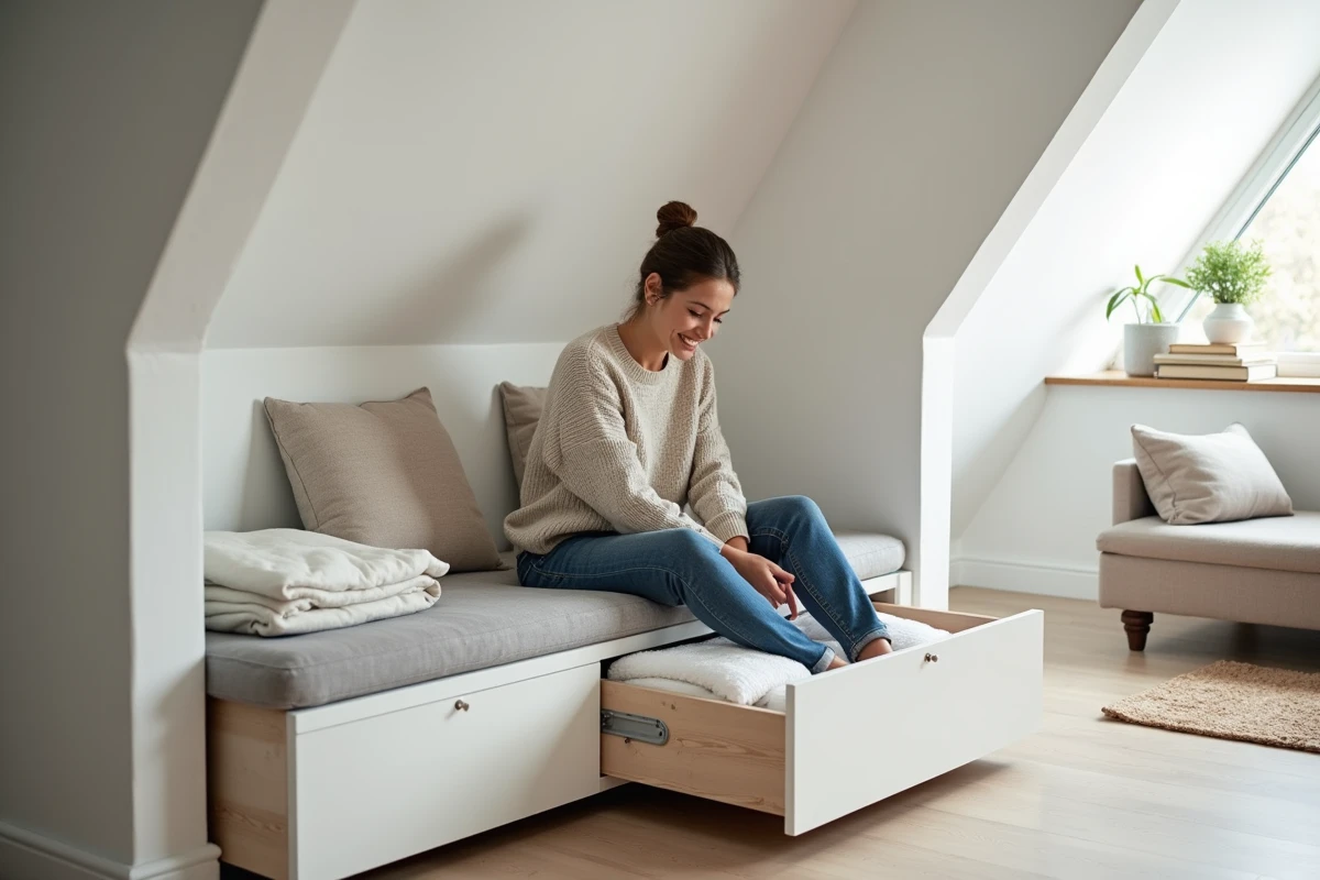 Jeune femme organisant des draps dans un rangement sous pente
